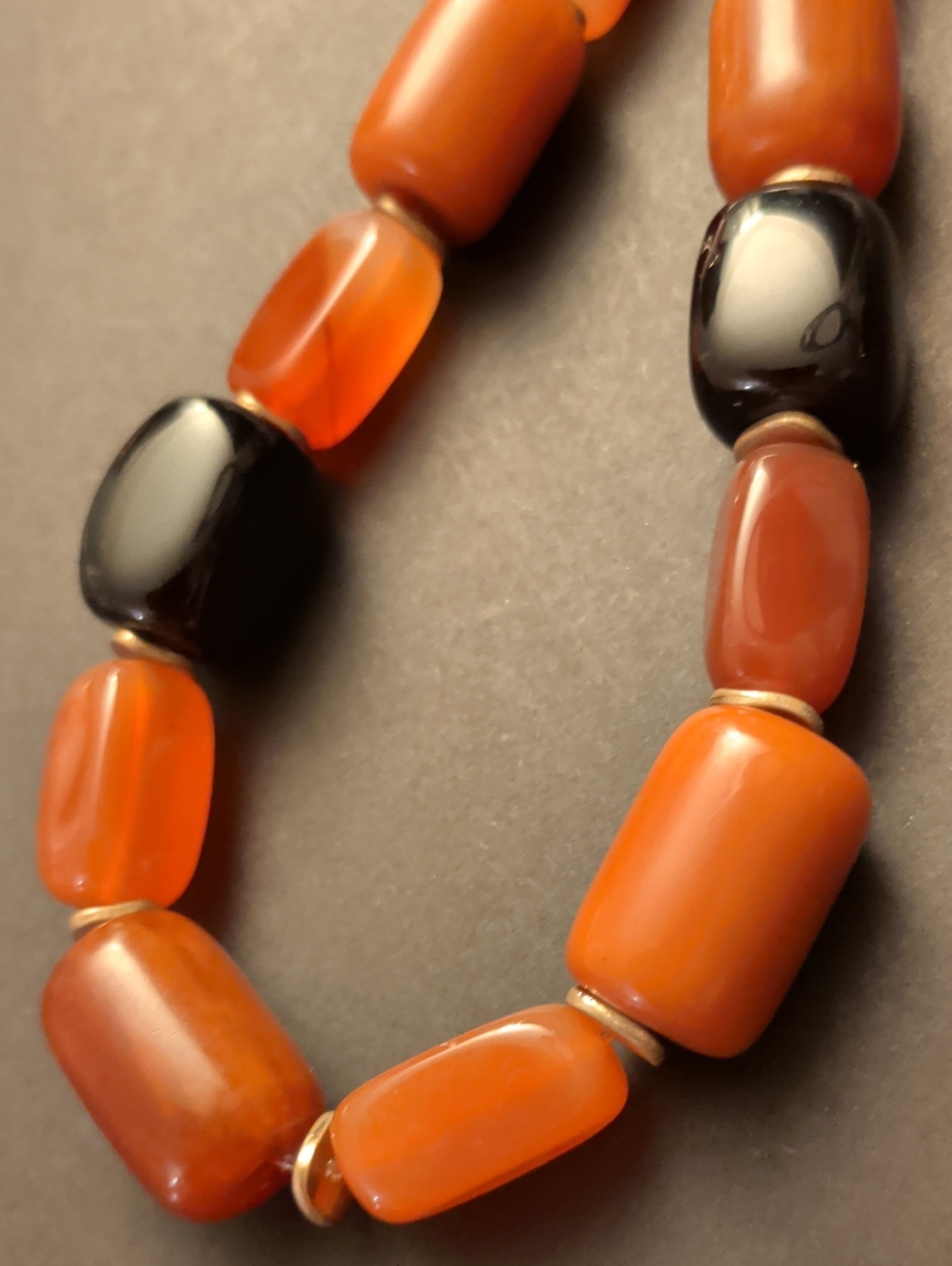 Vintage Butterscotch Bakelite, Carnelian, Black Onyx, Agate Beads Necklace